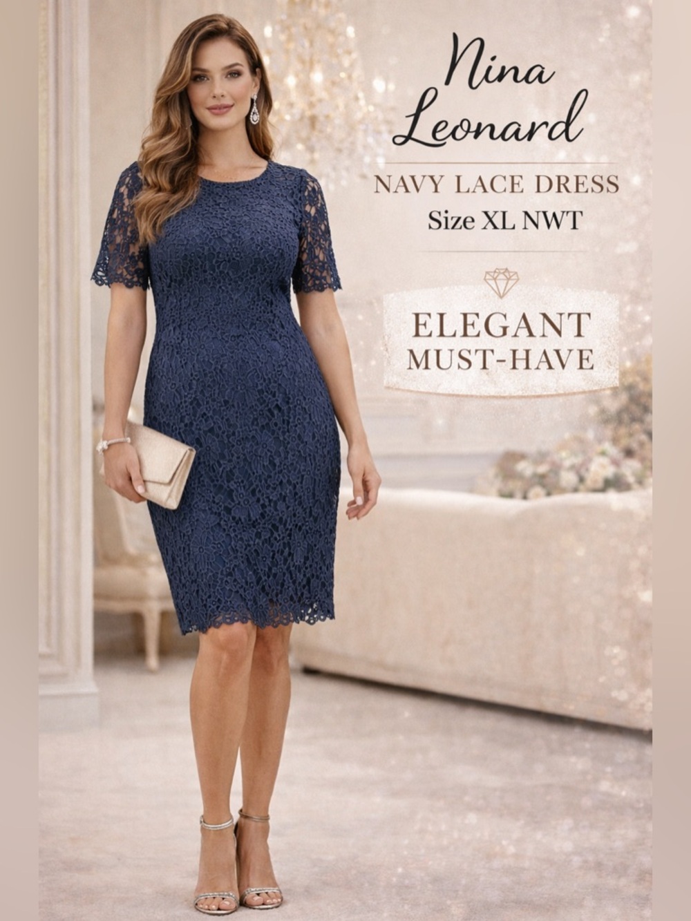Nina Leonard Navy Lace Dress – Size XL NWT 💙 Elegant Occasion Dress